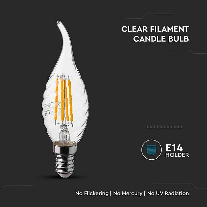 Λαμπτήρας Led E14 Κεράκι Filament Twist φλόγα 4Watt Φυσικό λευκό 4000K VT-1995 V-TAC 214431 Λαμπτήρας Led E14 Κεράκι Filament Twist φλόγα 4Watt Φυσικό λευκό 4000K VT-1995 V-TAC 214431