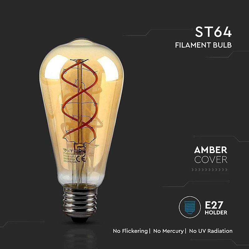 Λαμπτήρας LED E27 ST64 Curve Filament Amper 5Watt Θερμό Λευκό VT-2065 V-TAC 217218
