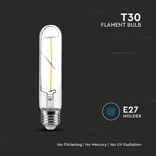 Λαμπτήρας Led E27 Filament T30 2Watt Θερμό λευκό VT-2042 V-TAC 217251