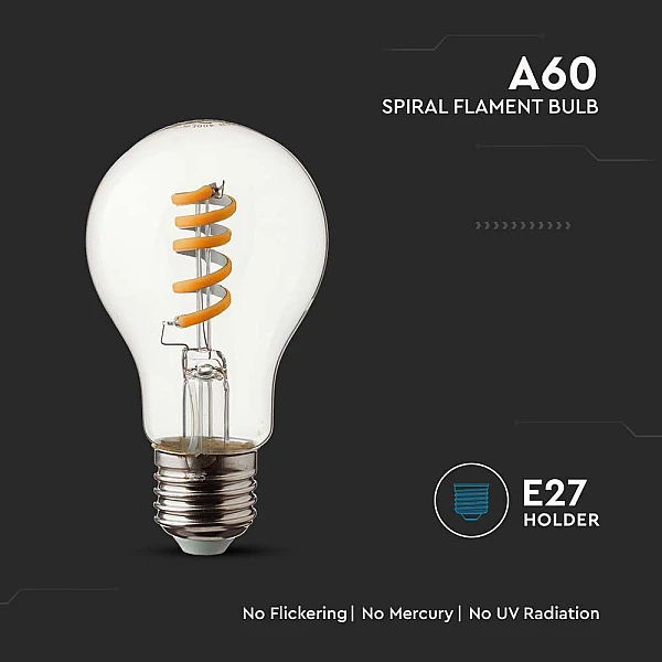 Λαμπτήρας Led E27 Filament Twist A60 4Watt Θερμό Λευκό VT-2164 V-TAC 217336
