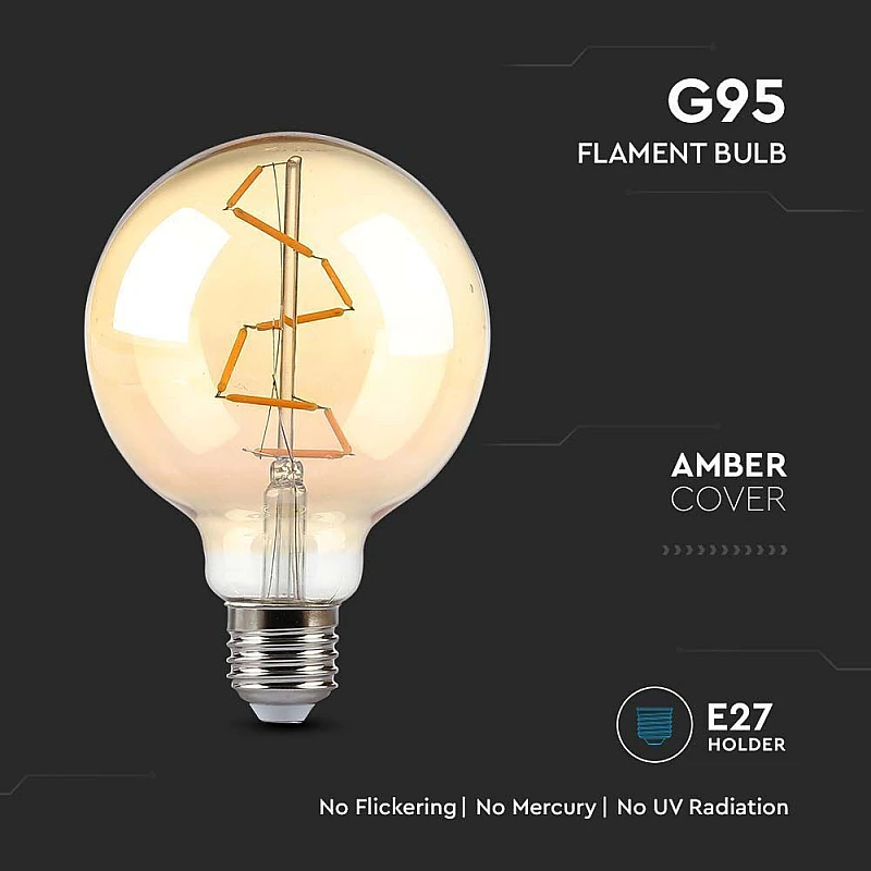 Λαμπτήρας Led E27 Filament Amber G95 4Watt Θερμό λευκό VT-2024 V-TAC 217146 Λαμπτήρας Led E27 Filament Amber G95 4Watt Θερμό λευκό VT-2024 V-TAC 217146