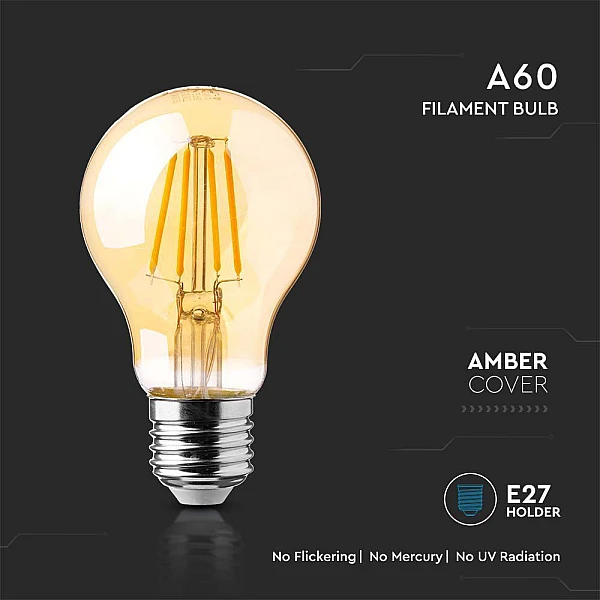 Λαμπτήρας Led E27 Filament Amber A60 12Watt Θερμό Λευκό VT-2123 V-TAC 217457
