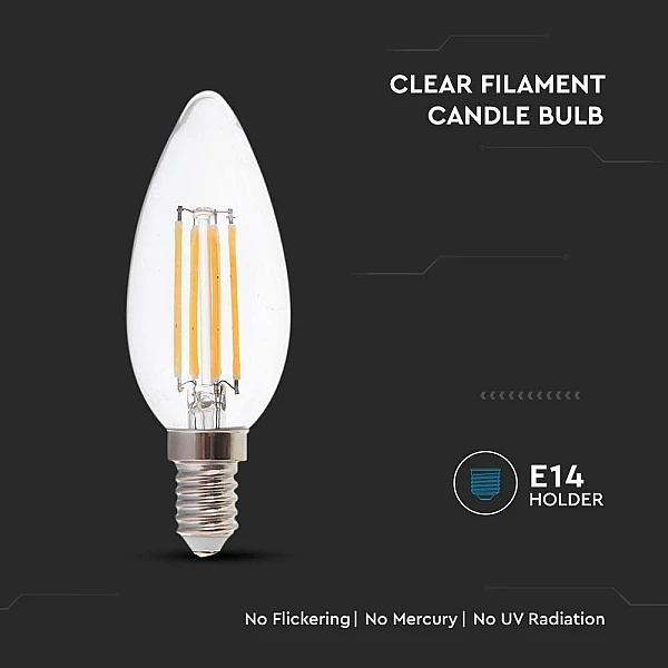 Λαμπτήρας LED E14 κεράκι Filament 6 watt Ψυχρό Λευκό 600lm VT-2127 V-TAC 217425