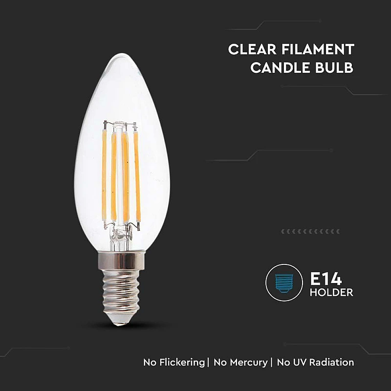 Λαμπτήρας LED E14 κεράκι Filament 6 watt Ψυχρό Λευκό 600lm VT-2127 V-TAC 217425