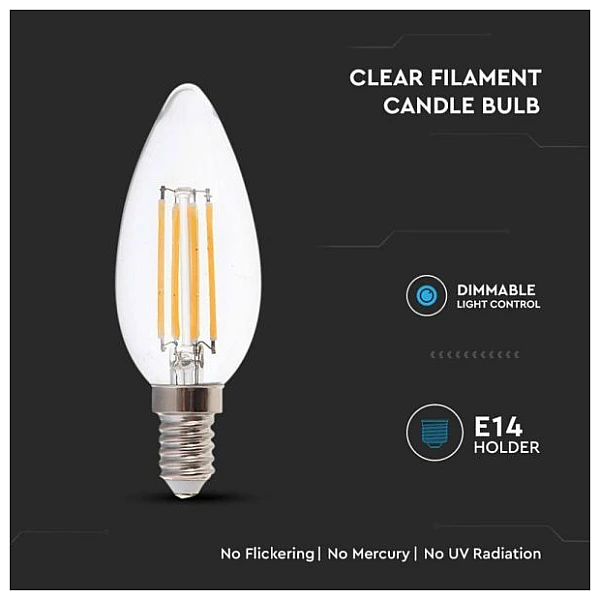 Λαμπτήρας Led E14 Κεράκι Filament 5.5Watt Φυσικό λευκό 4000Κ  Dimmable VT-21125 V-TAC 7807