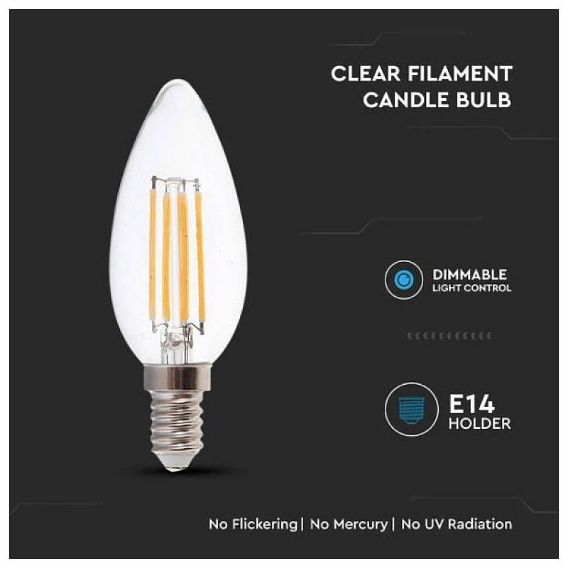 Λαμπτήρας Led E14 Κεράκι Filament 5.5Watt Φυσικό λευκό 4000Κ Dimmable VT-21125 V-TAC 7807 Λαμπτήρας Led E14 Κεράκι Filament 5.5Watt Φυσικό λευκό 4000Κ Dimmable VT-21125 V-TAC 7807