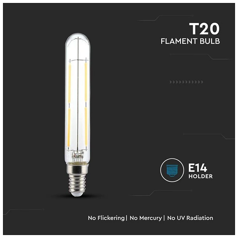 Λαμπτήρας Led T20 E14 Filament 4Watt Θερμό λευκό 3000K VT-2204 V-TAC 212701 Λαμπτήρας Led T20 E14 Filament 4Watt Θερμό λευκό 3000K VT-2204 V-TAC 212701