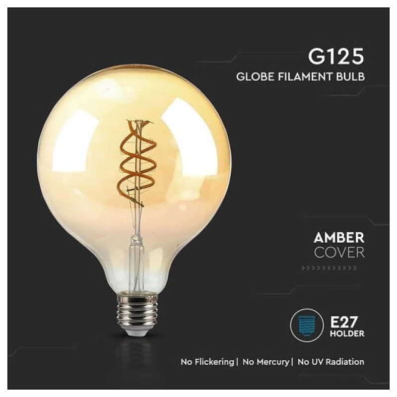 Λαμπτήρας Led E27 Filament Amber Spiral G125 6Watt Θερμό Λευκό VT-2126 V-TAC 217328 Λαμπτήρας Led E27 Filament Amber Spiral G125 6Watt Θερμό Λευκό VT-2126 V-TAC 217328