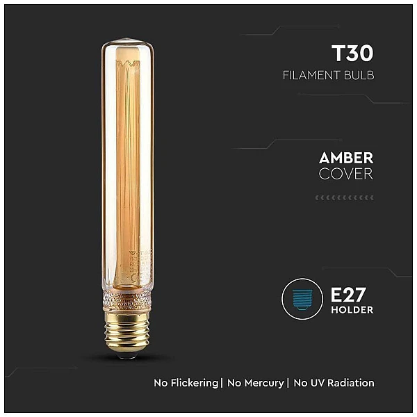 Λαμπτήρας Led E27 Art Filament T30 2Watt Θερμό λευκό VT-2162 V-TAC 217473