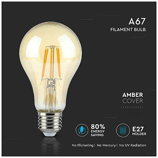 Λαμπτήρας Led E27 Filament Amber A60 10Watt Θερμό Λευκό VT-2028 V-TAC 217157