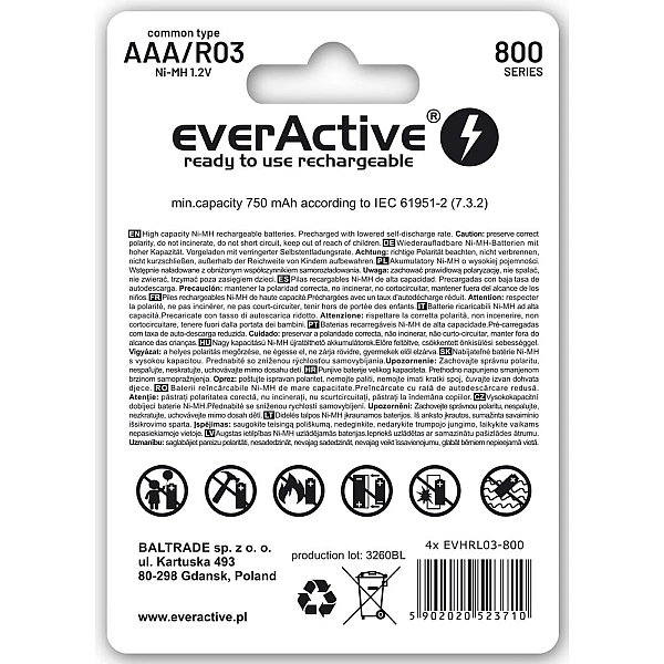 EverActive Μπαταρία Επαναφορτιζόμενη silver line AAA/R3 800mAh 4Τεμάχια