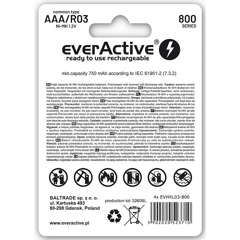 EverActive Μπαταρία Επαναφορτιζόμενη silver line AAA/R3 800mAh 4Τεμάχια