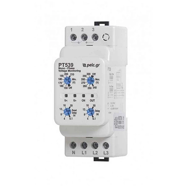 Power Electronics Τριφασικός Επιτηρητής Τάσης Ράγας με Ρυθμιζόμενα Όρια Τάσης & Χρόνους Επανεκκίνησης/Αδράνειας PT539