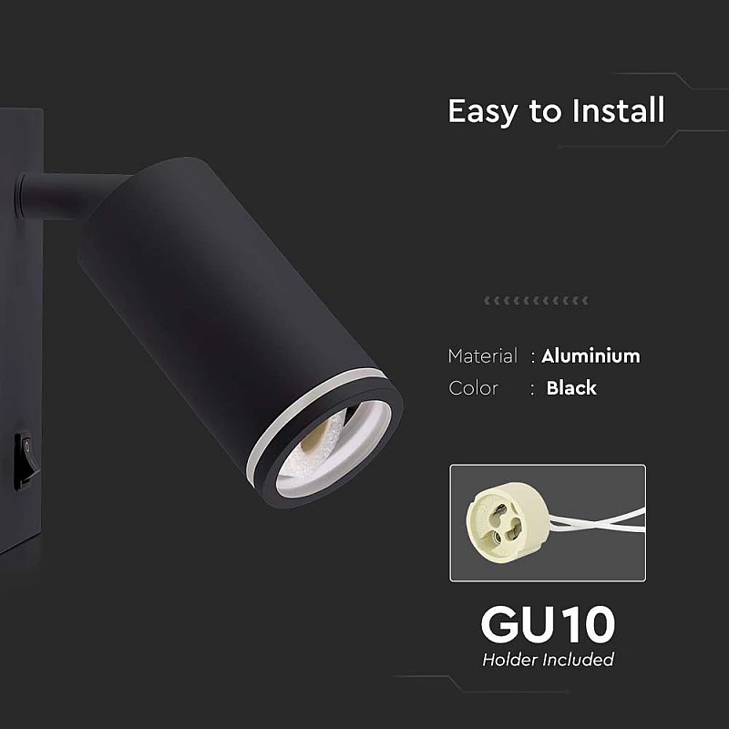 Φωτιστικό Σποτ - Απλίκα Κομοδίνου για GU10 LED IP20 με Διακόπτη Μαύρο VT-429 V-TAC 10294 Φωτιστικό Σποτ - Απλίκα Κομοδίνου για GU10 LED IP20 με Διακόπτη Μαύρο VT-429 V-TAC 10294
