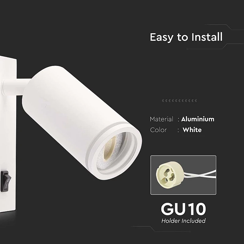 Φωτιστικό Σποτ - Απλίκα Κομοδίνου για GU10 LED IP20 με Διακόπτη Λευκό VT-429 V-TAC 10295 Φωτιστικό Σποτ - Απλίκα Κομοδίνου για GU10 LED IP20 με Διακόπτη Λευκό VT-429 V-TAC 10295
