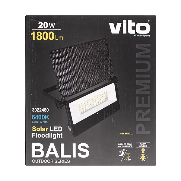 Ηλιακός Προβολέας LED SMD 20W 6400K Μαύρος IP65 BALIS 3022480 VITO