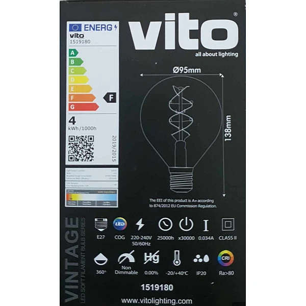 Λαμπτήρας Led E27 G95 4Watt Θερμό λευκό 2200K Filament Vintage 1519180 VITO