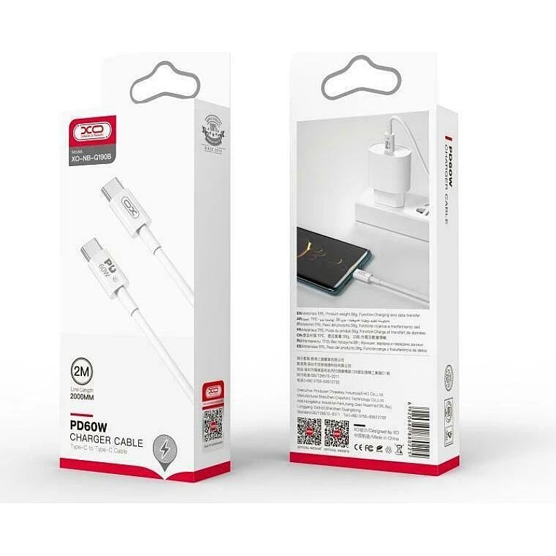 XO NB-Q190B Καλώδιo USB Type C σε USB Type C Ταχείας Φόρτισης 60W μήκος 2m σε Λεύκο Χρώμα