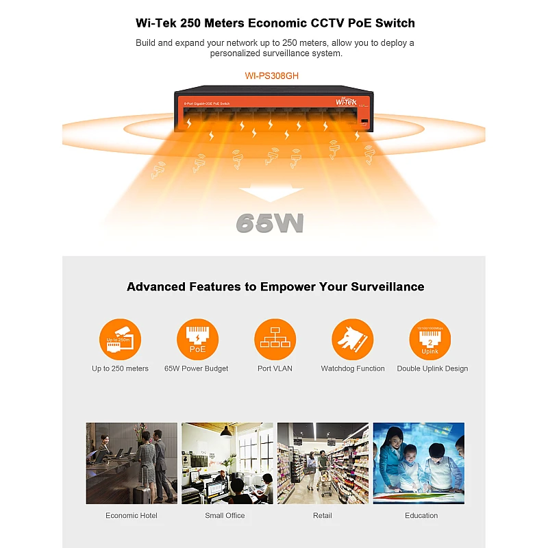 Wi-Tek WI-PS308GH v2 Unmanaged L2 PoE+ Switch με 8 Θύρες Gigabit (1Gbps) Ethernet Wi-Tek WI-PS308GH v2 Unmanaged L2 PoE+ Switch με 8 Θύρες Gigabit (1Gbps) Ethernet