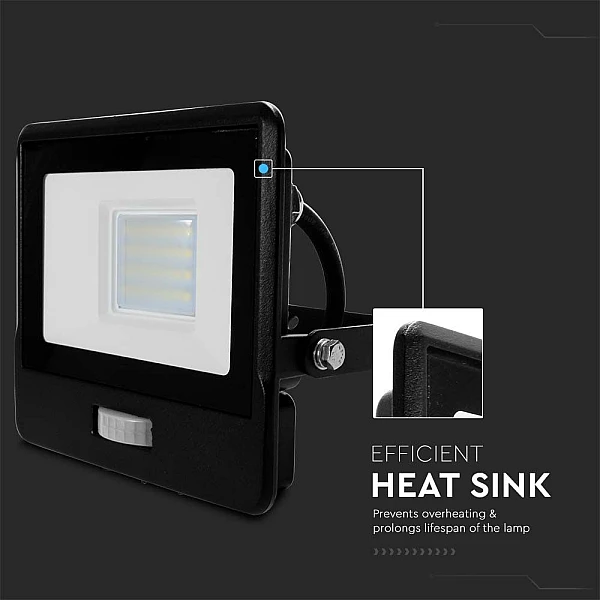 Προβολέας LED SAMSUNG 20W Ψυχρό λευκό 6500K Μαύρο σώμα με ανιχνευτή και 1m καλώδιο VT-128S-1 20285 V-TAC