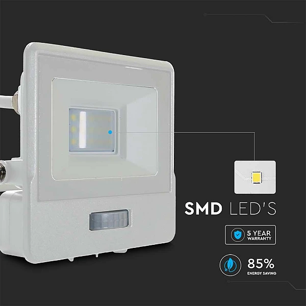 Προβολέας LED SAMSUNG 10W Φυσικό λευκό 4000K Λευκό σώμα με ανιχνευτή και 1m καλώδιο VT-118S-1 20293 V-TAC