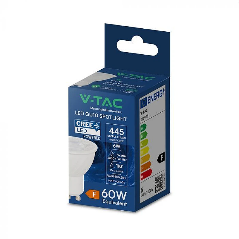 Λαμπτήρας CREE LED σπότ 6W GU10 Ψυχρό λευκό 6500K 110° VT-247 V-TAC 211946
