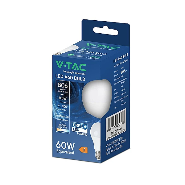 Λαμπτήρας Led CREE CHIP 8.5W E27 A60 Θερμό λευκό VT-2099 2172606 V-TAC