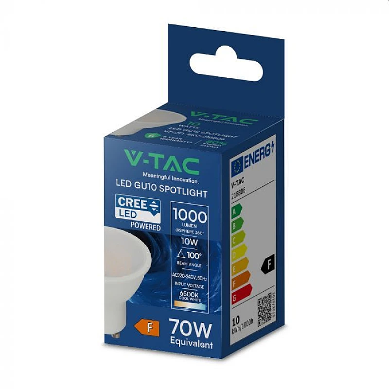 Λαμπτήρας CREE LED Spot GU10 SMD 10W Φυσικό Λευκό 100° VT-271 V-TAC 218796
