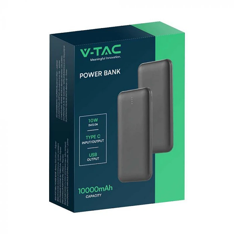V-TAC Power Bank 10.000mAh 10W με 2 USB & Type-C Μαύρο VT-3527-B 23036