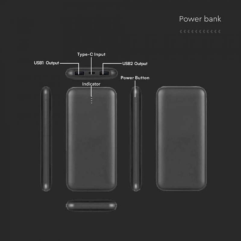 V-TAC Power Bank 10.000mAh 10W με 2 USB & Type-C Μαύρο VT-3527-B 23036