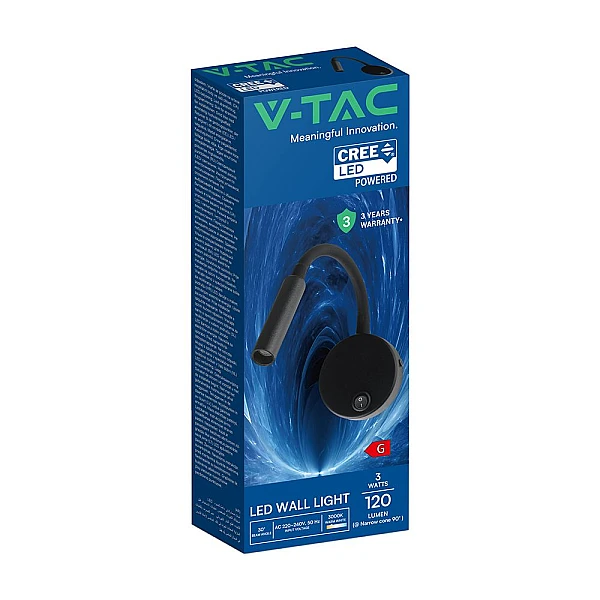 Απλίκα τοίχου Led 3W κρεβατιού - ανάγνωσης Μαύρο σώμα Θερμό Λευκό 3000Κ CREE CHIP VT-88063 241506 V-TAC