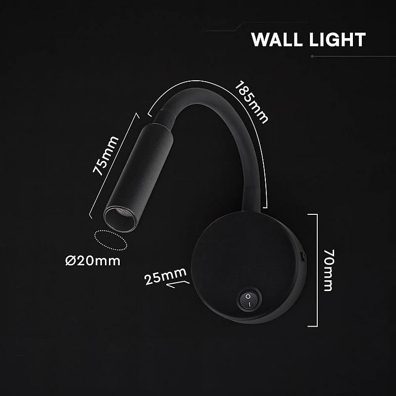 Απλίκα τοίχου Led 3W κρεβατιού - ανάγνωσης Μαύρο σώμα Θερμό Λευκό 3000Κ CREE CHIP VT-88063 241506 V-TAC