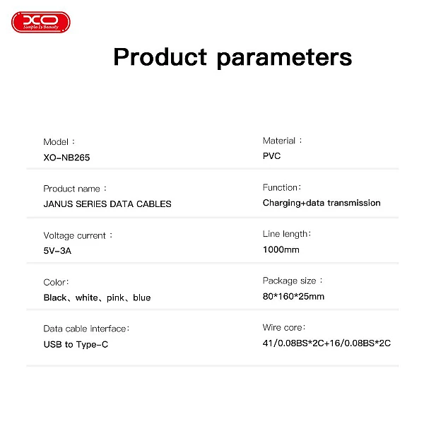 XO NB265 Καλώδιο Φόρτισης Janus Series 3A USB to Type-C 1m Μαύρο 16.005.0325
