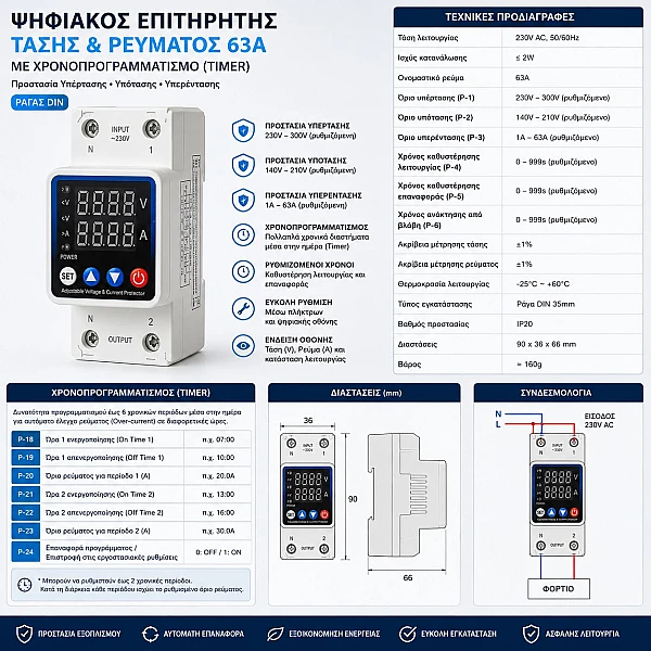 Ψηφιακός Επιτηρητής Τάσης & Ρεύματος 63A με Χρονοπρογραμματισμό (Timer) – Ράγας DIN AVTP-63
