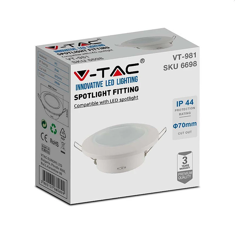 Σποτ οροφής GU10 στρογγυλό Φ70mm στεγανό IP44 λευκό με γυαλί VT-981 6698 V-TAC