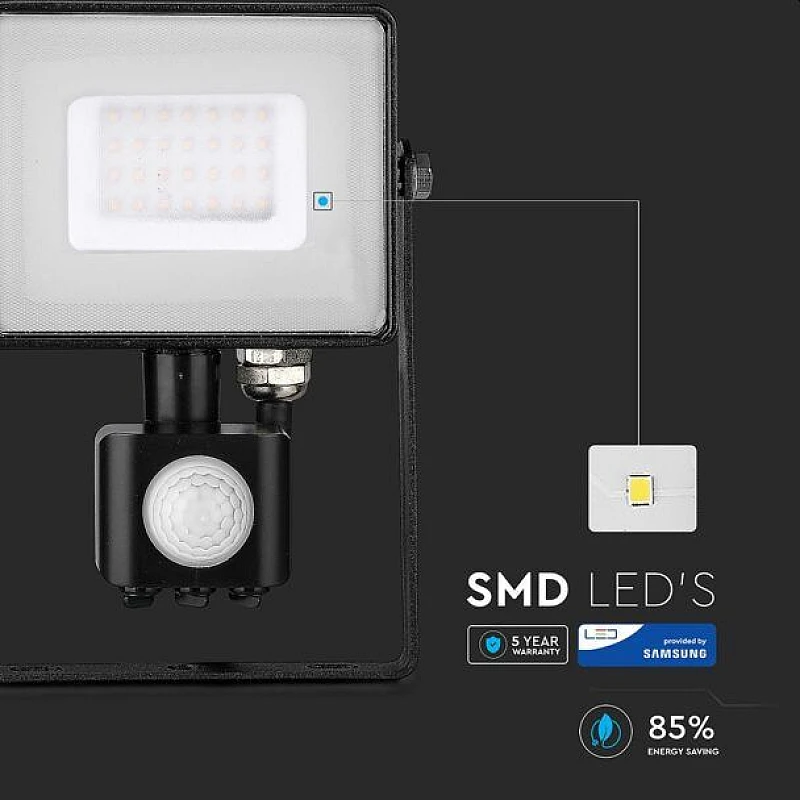 Προβολέας LED SAMSUNG 30W Ψυχρό Λευκό 6400K Μαύρος με ανιχνευτή VT-30-S 462 V-TAC Προβολέας LED SAMSUNG 30W Ψυχρό Λευκό 6400K Μαύρος με ανιχνευτή VT-30-S 462 V-TAC