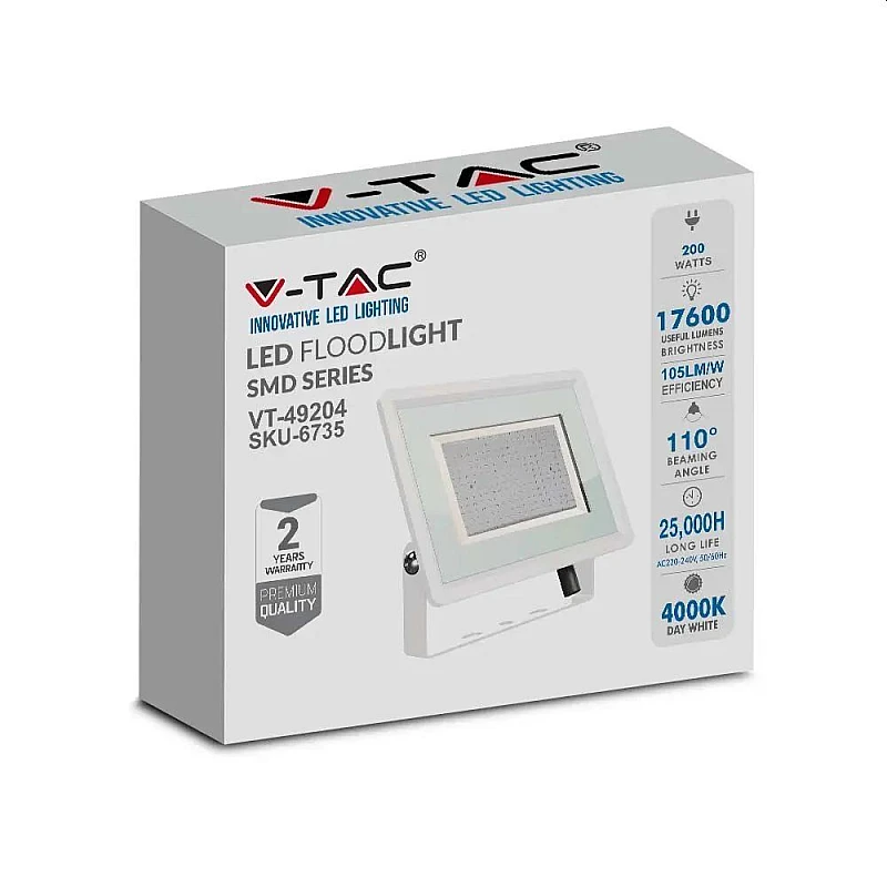 Προβολέας LED 200W φυσικό λευκό 4000K Λευκός VT-49204 6735 V-TAC Προβολέας LED 200W φυσικό λευκό 4000K Λευκός VT-49204 6735 V-TAC