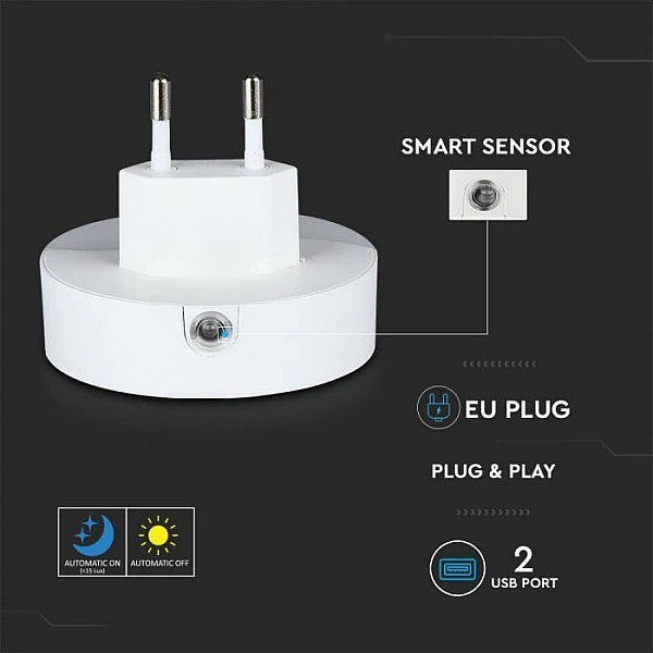 Φωτάκι νυκτός LED Samsung SMD 3000K στρογγυλό με αισθητήρα φωτός και θύρες USB 2.0A VT-84-RD 505 VTAC
