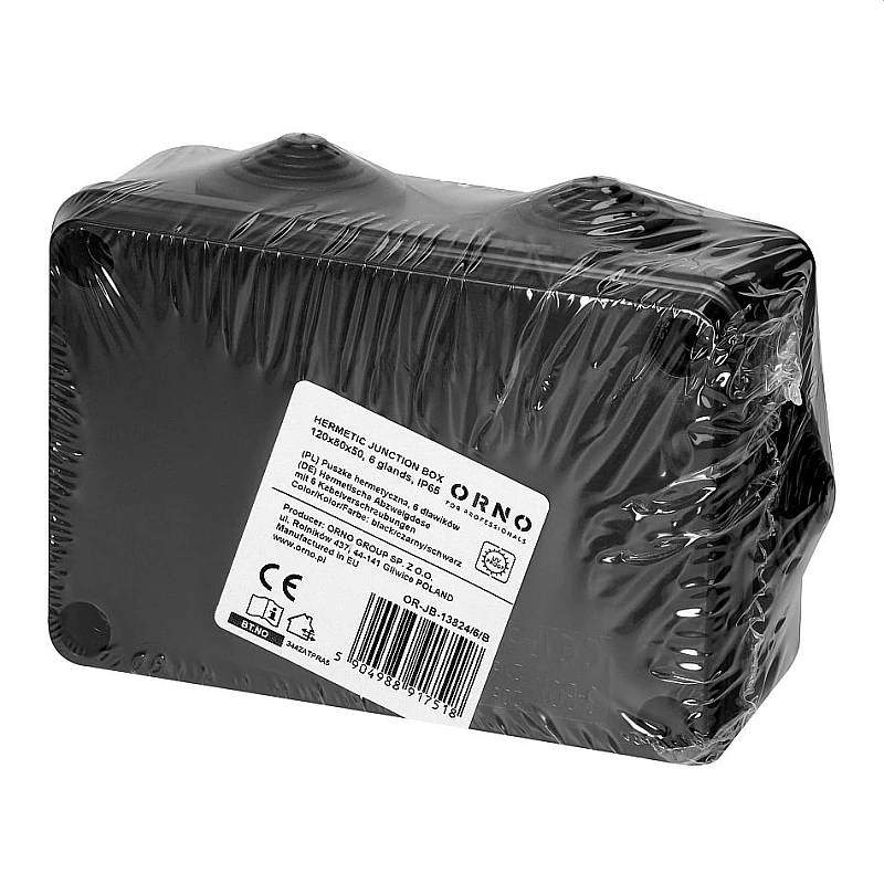 ORNO Στεγανό κουτί διακλάδωσης IP65 120×80×50mm 6 είσοδοι καλωδίων Μαύρο UV Resistant OR-JB-13824/6/B