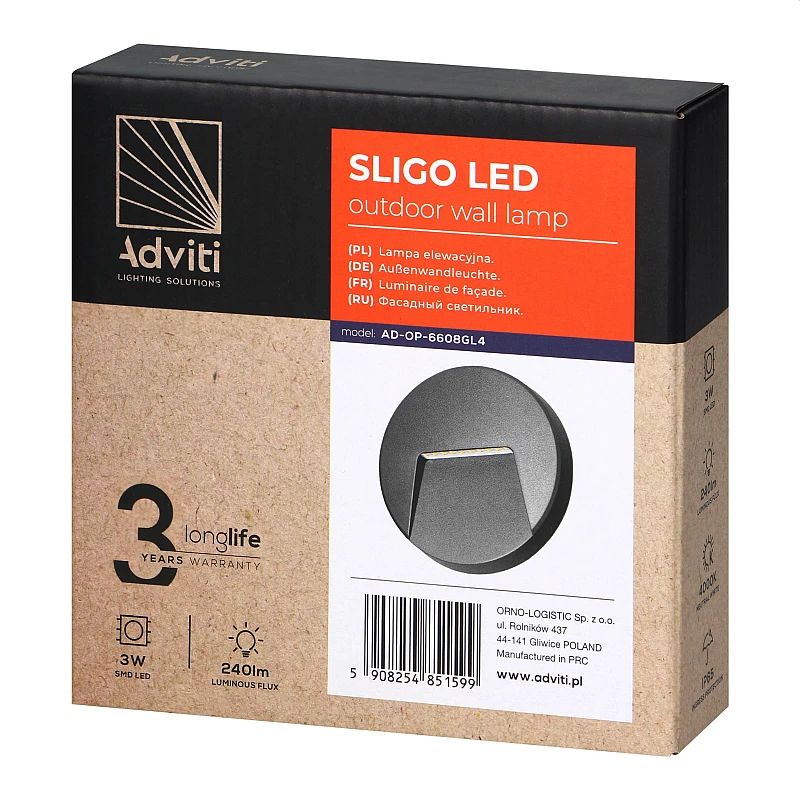 Φωτιστικό LED Adviti 3W επίτοιχο στρογγυλό Φυσικό Λευκό 4000K Γκρι Ματ SLIGO AD-OP-6608GL4 Orno