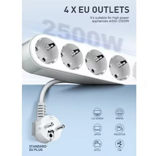 Ldnio Πολύπριζο Ασφαλείας 4 Θέσεων με Διακόπτη 2 USB και 2 Type C Καλώδιο 2m Λευκό SE-1C