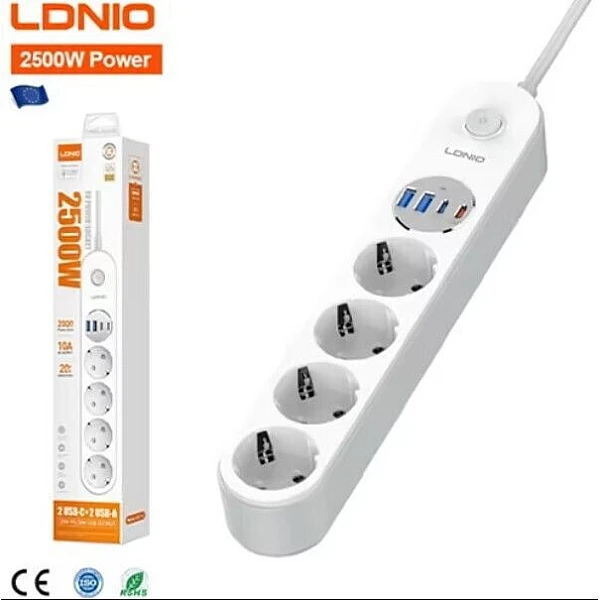 Ldnio Πολύπριζο Ασφαλείας 4 Θέσεων με Διακόπτη 2 USB και 2 Type C Καλώδιο 2m Λευκό SE-1C