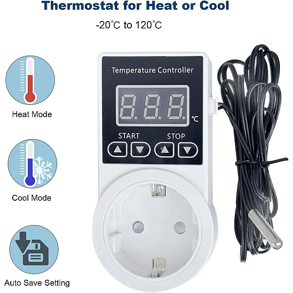 Θερμοστάτης Πρίζας Ψηφιακός -20° ~ 120°C 10A 230V με αισθητήρα θερμοκρασίας  53A2 OEM