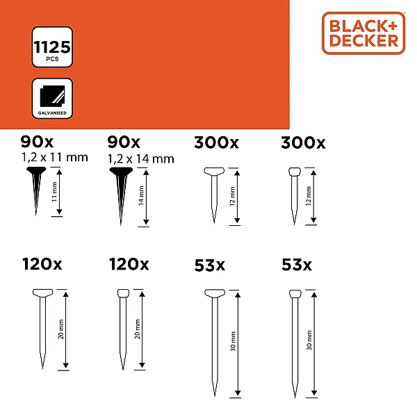 BLACK+DECKER Σετ Καρφιών 1125 Τεμαχίων σε Κασετίνα BXCHSF7054