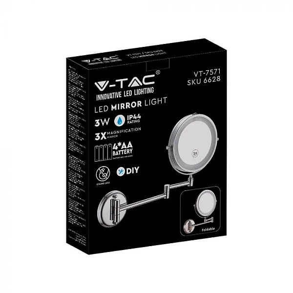 Μεγεθυντικός LED επιτοίχιος καθρέφτης 3W μπαταρίας, με βραχίονα περιστρεφόμενος 6400K VT-7571 6628 V-TAC