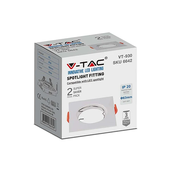 Σποτ οροφής χωνευτό GU10 Τετράγωνο Φ63mm Λευκό σώμα VT-930-W 6642 V-TAC σετ 2 τμχ.