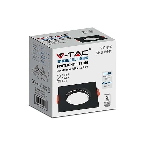 Σποτ οροφής χωνευτό GU10 Τετράγωνο Φ63mm Μαύρο σώμα VT-930-B 6643 V-TAC σετ 2 τμχ.