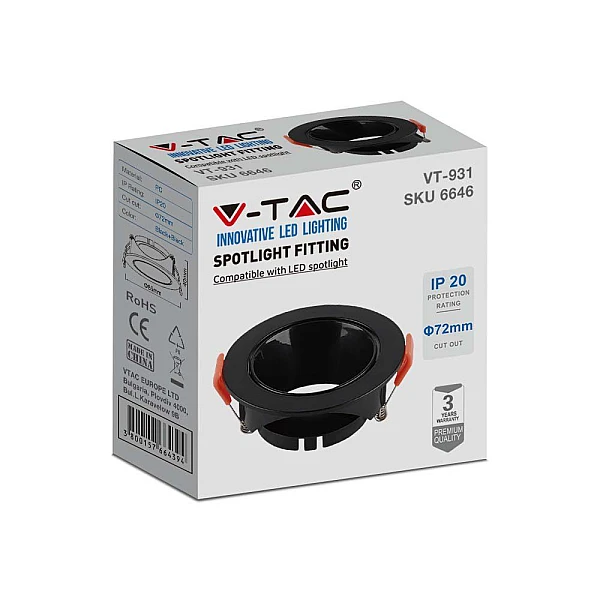 Σποτ οροφής χωνευτό GU10 Στρογγυλό Φ72mm Μαύρο σώμα με μαύρη αντανάκλιση VT-931-B 6646 V-TAC