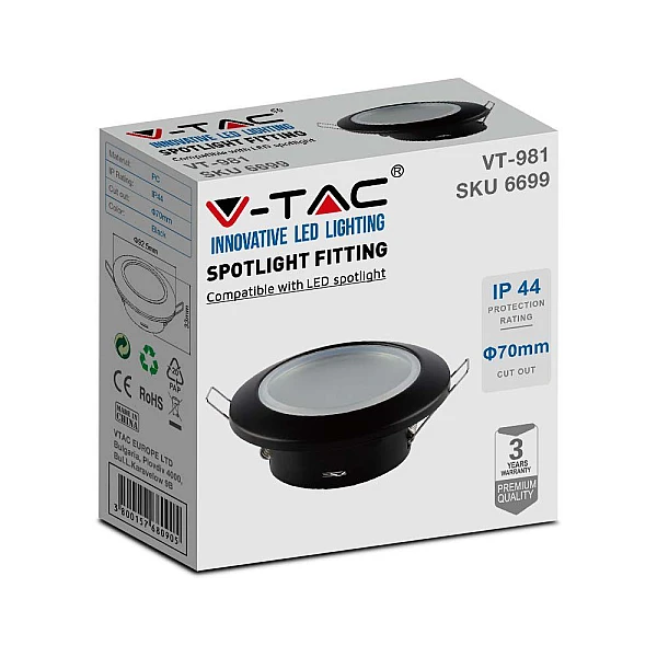 Σποτ οροφής GU10 στρογγυλό Φ70mm στεγανό IP44 μαύρο με γυαλί VT-981 6699 V-TAC