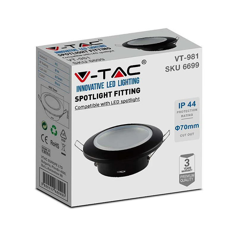 Σποτ οροφής GU10 στρογγυλό Φ70mm στεγανό IP44 μαύρο με γυαλί VT-981 6699 V-TAC Σποτ οροφής GU10 στρογγυλό Φ70mm στεγανό IP44 μαύρο με γυαλί VT-981 6699 V-TAC
